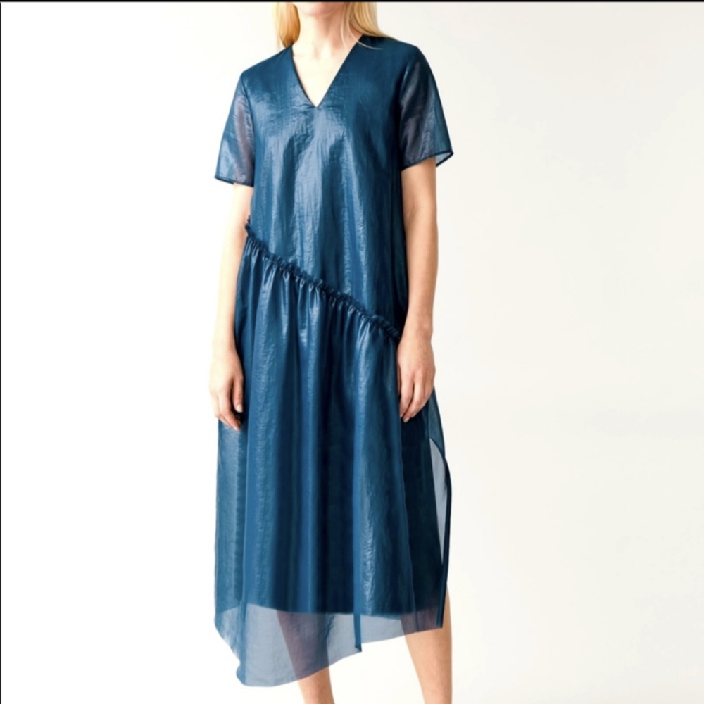COS Tiered Dress with Pockets, Dark Turquoise